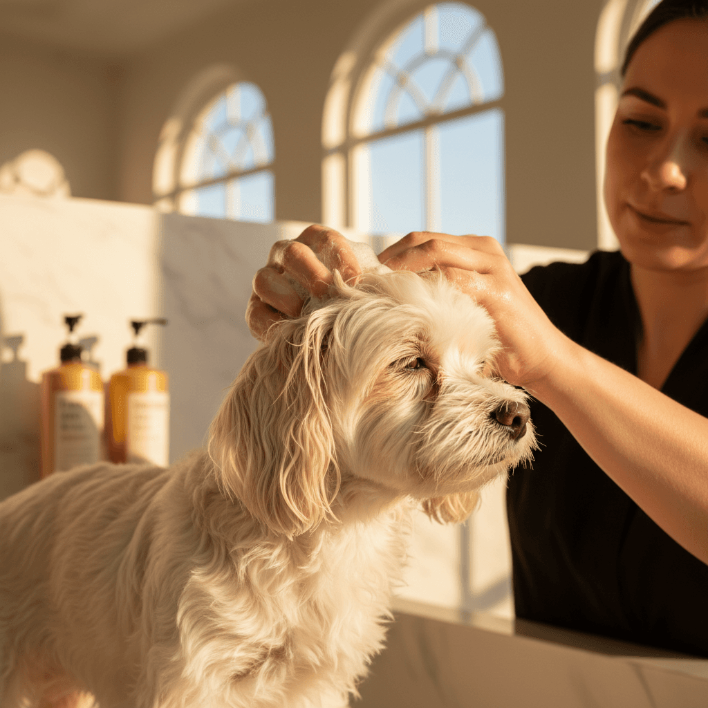Toilettage délicat d'un chien en spa de luxe