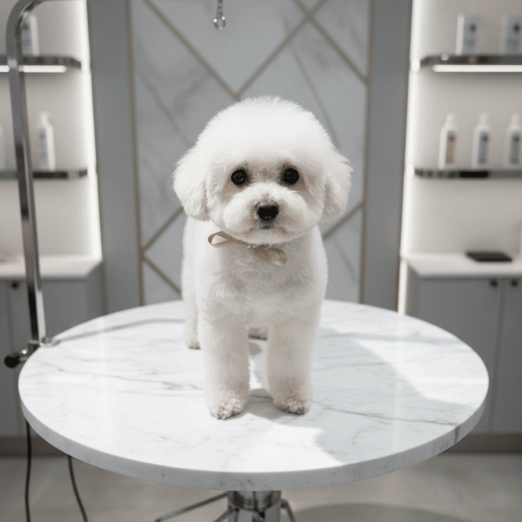 Caniche blanc après toilettage spa