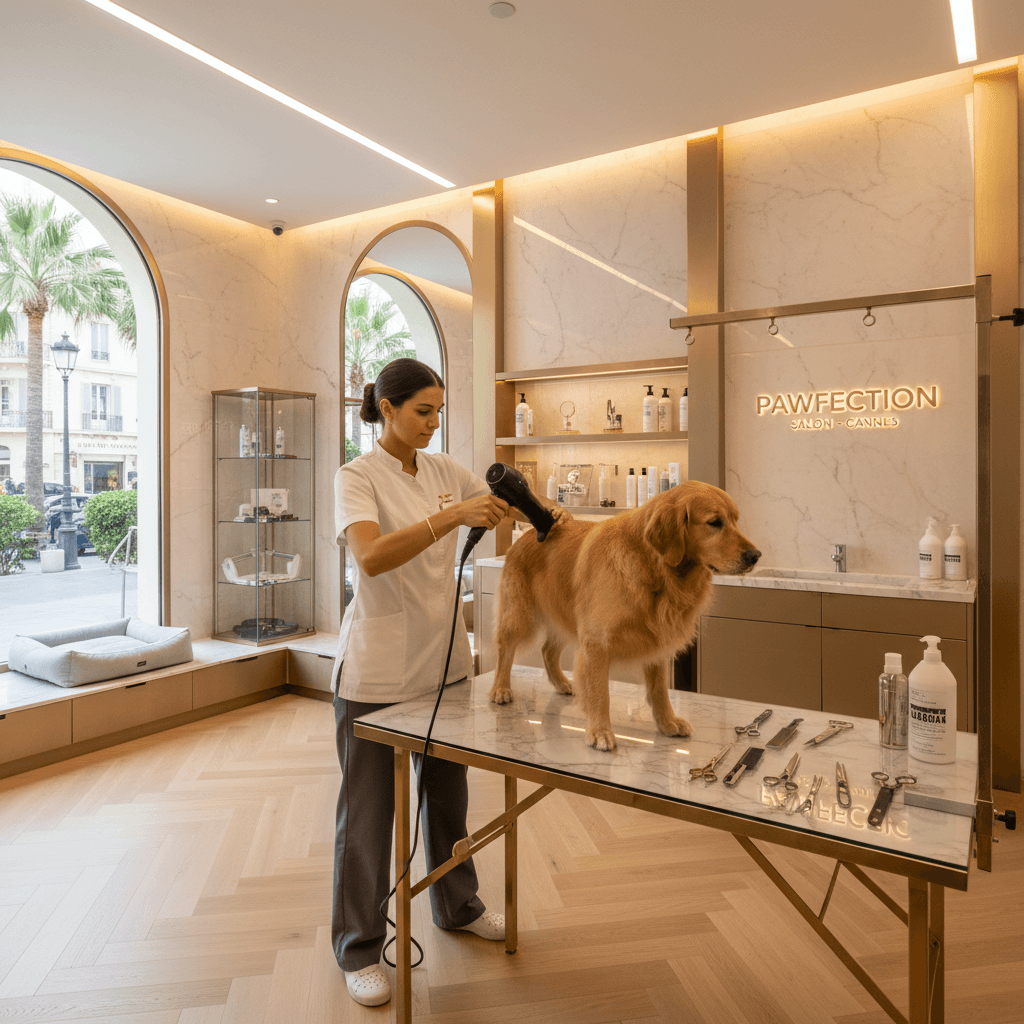 Intérieur élégant du salon Azur Dog Spa à Cannes